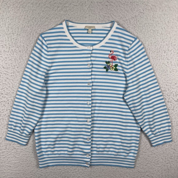Talbots Sweaters - Talbots Sweater Womens Large White Blue Stripes 3/4 Sleeve Cardigan Flamingo